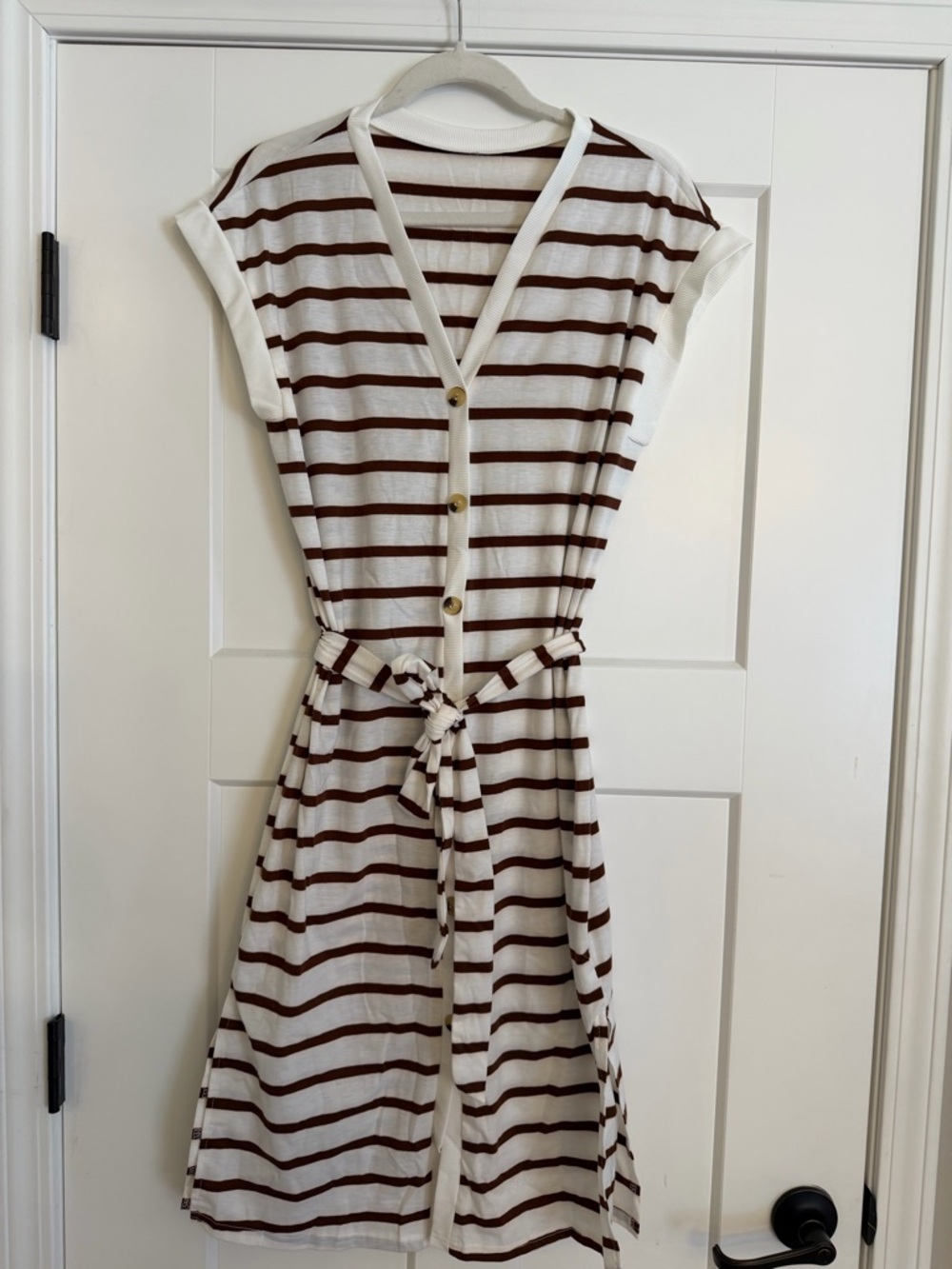 SHEIN White and Brown Striped Button Front Tie Dress